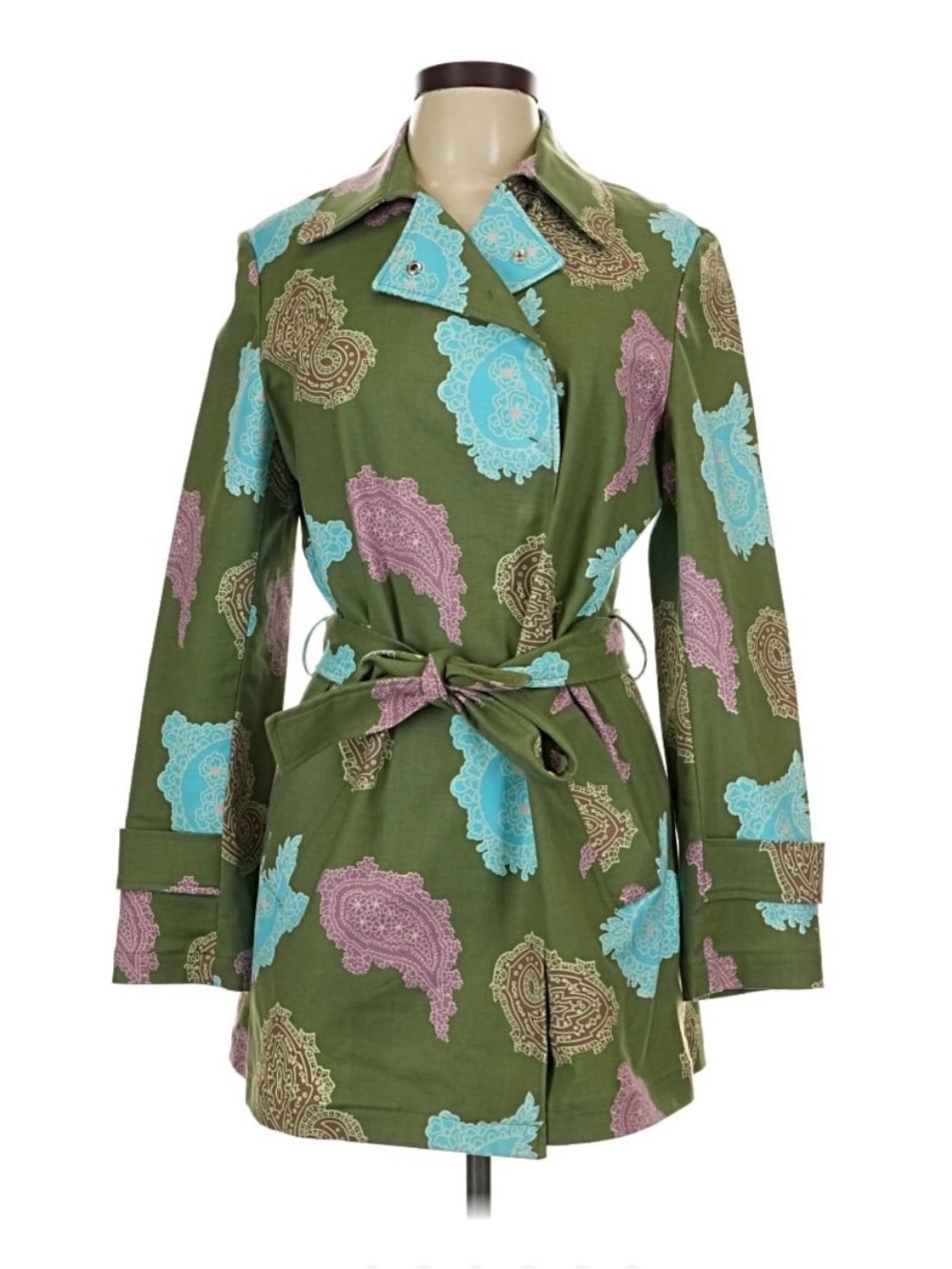 Olive Green Paisley Tie-Belt Trench Coat